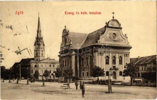 1909 Igló, Zipser Neudorf, Spisská Nová Ves; Evangélikus és katolikus templom. W.L. Bp. 2797. / churches