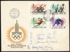 1980 Moszkvai olimpia FDC rajta Növényi Norbert, Varga Károly, Baczakó Péter, Balla József, Wladár Sándor, Magyar Zoltán olimpiai bajnokok saját kezű aláírásaival / Autograph signatures of Hungarian Olympic champions