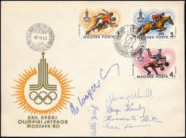 1980 Moszkvai olimpia FDC rajta Növényi Norbert, Varga Károly, Baczakó Péter, Balla József, Wladár Sándor, Magyar Zoltán olimpiai bajnokok saját kezű aláírásaival / Autograph signatures of Hungarian Olympic champions