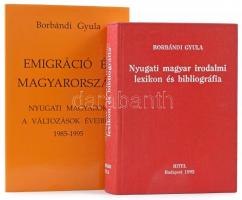 Borbándi Gyula 2 könyve: Nyugati magyar irodalmi lexikon és bibliográfia. Bp., 1992, Hitel. Kiadói egészvászon-kötés. + Emigráció és Magyarország. Nyugati Magyarok a változások éveiben. 1985-1995. Basel-Bp.,1996, Európai Protestáns Magyar Szabadegyetem. Kiadói papírkötés.