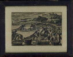 Múlt század elején készített acél metszet halászokról paszpartuban és fakeretben (25x20cm)