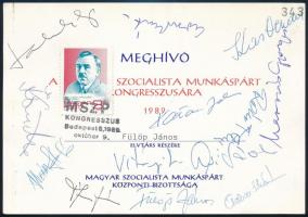 1989 Az MSZMP kongresszusára szóló meghívó rajta számos politikus autográf aláírásával: Marosán György, Vitányi Iván, Fülöp János, Kas Vendel és mások