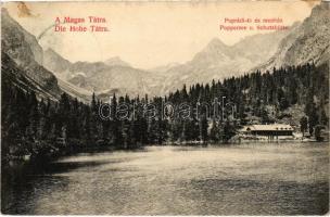 1912 Tátra, Magas-Tátra, Vysoké Tatry; Poprádi-tó és menedékház. Divald Károly 1445-1909. / Popradske pleso, chata (EK)