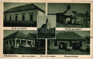 1943 Gömörpéterfala, Petrovce; M. kir. állami népiskola, Új római katolikus és a 800 éves régi templom, Római katolikus plébánia, Hangya szövetkezet / churches, school, parish, cooperative shop (EK)