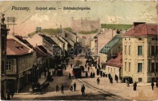 Pozsony, Pressburg, Bratislava; Széplak utca, Krausz tejcsarnok, Ney Ágoston üzlete / Schöndorfergasse / street, milk hall, shop (felszíni sérülés / surface damage)