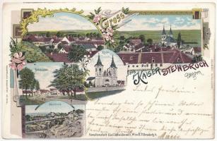 1898 (Vorläufer) Császárkőbánya, Kaisersteinbruch; Röhrbrunnen, Kirche, Steinbruch / templom, bánya / church, mine. Art Nouveau, floral, litho