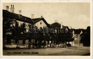 1938 Losonc, Lucenec; vasútállomás, lovaskocsi, autó / Stanica / railway station, automobile + "1938 Losonc visszatért" So. Stpl