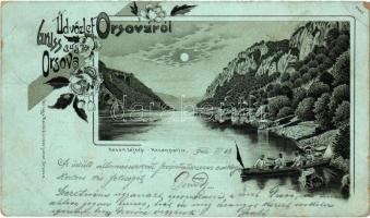 1902 Orsova, Kazán tájkép, evezős matrózok / Kasanpartie, mariners in a boat. Raichl Sándor junior Art Nouveau, floral, litho (EK)