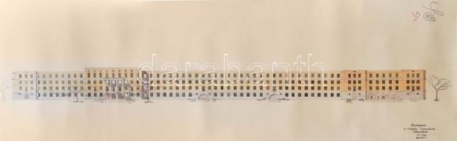 1953 2db tervpályázat a Miskolci Irodaházra, déli homlokzat és főhomlokzat. Akvarell, ceruza, papír. Jelzés nélkül. Feltekerve, kisebb törésnyomokkal. Lapszéli kisebb sérülésekkel. 1:200. Lapméret: 41x131 cm