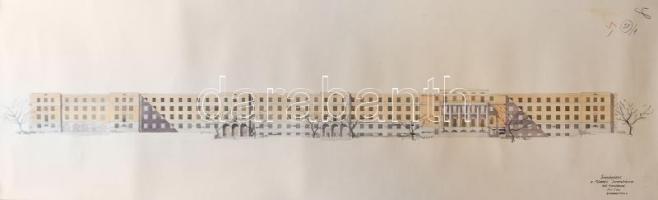 1953 2db tervpályázat a Miskolci Irodaházra, déli homlokzat és főhomlokzat. Akvarell, ceruza, papír....
