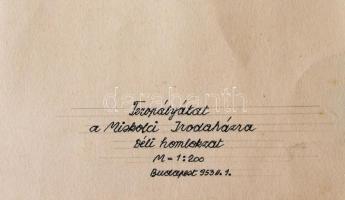 1953 2db tervpályázat a Miskolci Irodaházra, déli homlokzat és főhomlokzat. Akvarell, ceruza, papír....