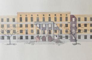 1953 2db tervpályázat a Miskolci Irodaházra, déli homlokzat és főhomlokzat. Akvarell, ceruza, papír....