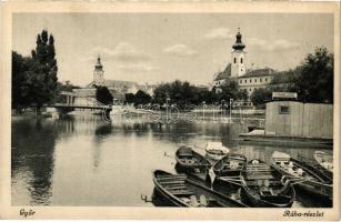 1943 Győr, Rába részlet, csónakkölcsönző, templomok