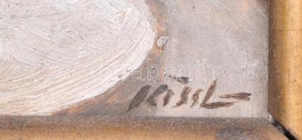 Kiss Lajos (?-): Zsolnay-kút, Pécs. Olaj ,farost, jelzett. Dekoratív, sérült fakeretben.26,5x21 cm