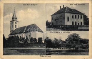 1936 Rábahídvég, Római katolikus templom és népiskola, Rába részlet az új vashíddal. Hangya szövetkezet kiadása (EK)