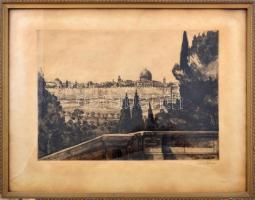 Zádor István (1882-1963): Szentföldi táj (Jeruzsálem?). Rézkarc, papír, jelzett, üvegezett fakeretben,25×35 cm