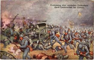 1915 Erstürmung einer russischen Feldbatterie durch Oesterreicher bei Zamosc / Első világháborús osztrák-magyar katonák lerohannak egy orosz csapatot / WWI K.u.k. military, battle against the Russians. Brüder Kohn Wien I. Serie 259-18. (EB)