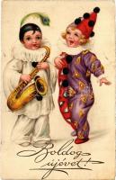 1931 Boldog újévet! Bohóc gyerekek szaxofonnal / New Year greeting, clowns with saxophone. Cellaro litho (EK)