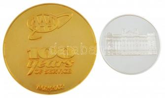 Vegyes: 2007. 80 éves MNB Sportkör fém emlékérem (42,5mm) + Amerikai Egyesült Államok 2002. AAA (American Accounting Association) 100 éves szolgálat aranyozott bronz emlékérem sérült dísztokban (63,5mm) T:PP,1
