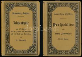Sammlung Göschen 2. köt:  Karl Kummich: Zeichenschule.; Hans Freyberger: Perspektive. Leipzig, 1901-1903., G. J. Göschensche Verlagshandlung. Kiadói egészvászon-kötések, az elsőből 1 tábla hiányzik, a másodikból két lap kijár.