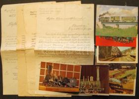 1917-1923 Kis vasuti tétel, 4 darab szolgálati irat és 7 darab régi mozdonyokat ábrázoló képeslap