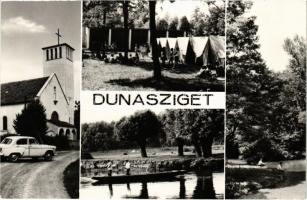 Dunasziget (Mosonmagyaróvár), templom, autó, sátor tábor. Képzőművészeti Alap modern képeslap