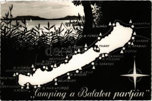 1968 Balaton, Camping a Balaton partján, térképes montázs. Képzőművészeti Alap modern képeslap (EB)