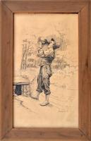 Jelzés nélkül: Korsóból ivó, 1916. Tus, papír. Bozen (Bolzano). 916 V/9 felirattal. Üvegezett fakeretben, 28×16,2 cm