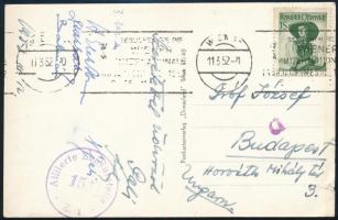 1952 Bécs, Elek Ilona (1907-1988) olimpiai- és világbajnok tőrvívó, és más vívók autográf aláírása hazaküldött képeslapon