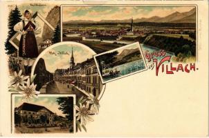 Villach, Faaker See, Platz, Gailthalerin, Warmbad / lake, square, folklore, spa. Ottmar Zieher 945. Art Nouveau, floral, litho (small tear)