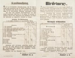 1858 Hirdetmény régebbi, forgalomban lévő pénzek értékének, átváltási arányainak meghatározására. 2 nyelven. Hajtva 54x45 cm