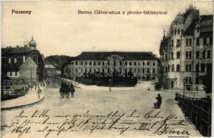 1908 Pozsony, Pressburg, Bratislava; Baross Gábor utca a cs. és kir. hidász laktanyával / K.u.k. Pionierkaserne. Gelber's Ansichtskartenausstellung 146. / street view, tram, Austro-Hungarian military sapper barrack