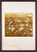 Somlai Vilma (1938-2007): Virágos domb. Színes linómetszet, papír. Jelzett, a lap bal alsó sarkán ázásnyommal, üvegezett fa keretben, 29,5x34,5 cm (külső méret: 64x45 cm)