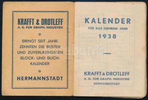 1938 Mini kalendárium 1938, Hermannstadt (Nagyszeben), Krafft &Drotleff, német nyelven, foltos, ceruzás bejegyzésekkel, 7x5 cm