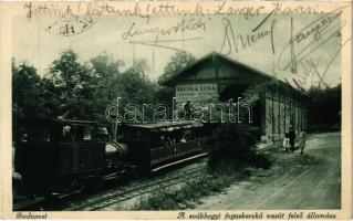 1929 Budapest XII. Svábhegy, Fogaskerekű vasút felső állomása, vasútállomás, gőzmozdony, Mona Lisa fényképész reklámja