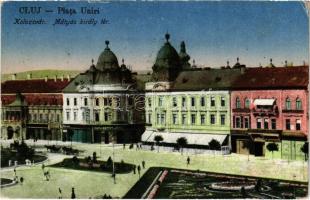 Kolozsvár, Cluj; Mátyás király tér, Erdélyi Bank, Haraszthy Jenő üzlete / square, shops, bank + 1940 Kolozsvár visszatért So. Stpl (fl)
