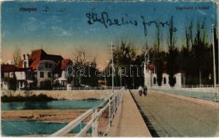 Pöstyén, Piestany; Vág részlet a híddal. Vasúti levelezőlapárusítás 11-1917. / Váh river, bridge (EK)