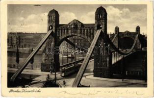 1936 Wroclaw, Breslau; Kaiserbrücke / bridge, tram (EK)