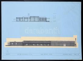 1988 Strommer László (?-): Tejüzem tervrajza, 2 db homlokzati terv. Akvarell, tus, hártyapapír, kart...