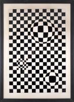 Jelzés nélkül (Vasarely nyomán): Op-art kompozíció. Nyomat, papír. Üvegezett fakeretben, hátoldali üveg sérült. 60x88 cm