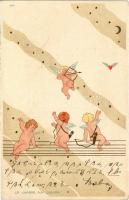 1900 La chasse aux Coeurs / Cupids with hearts. Art Nouveau litho