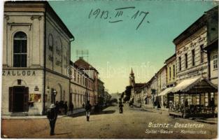 1913 Beszterce, Bistritz, Bistrita; Kórház utca, Központi szálloda, cukrászda, Hitelintézet / Spital Gasse, Vorschussvereine / street, hotel, confectionery, credit bank