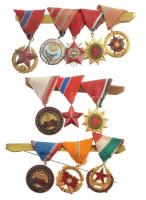 11db-os vegyes magyar szocialista kitüntetés-tétel összesen 3db pánton, közte 1951. "Közbiztonsági Érem" bronz fokozata a karhatalom tagjai részére, mellszalagon + 1957. "Munkás-Paraszt Hatalomért Emlékérem" aranyozott, zománcozott bronz kitüntetés mellszalagon + 1957. "Szolgálati Érdemérem" zománcozott fém kitüntetés mellszalagon + 1966. "Szocialista Hazáért Érdemrend" zománcozott Br kitüntetés mellszalagon + 1954. "Kiváló Szolgálatért Érdemérem" zománcozott aranyozott kitüntetés mellszalagon T:1--2-