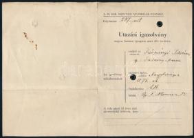 1939 A M. kir. Honvéd Vezérkar főnöke által 1 hónapra (április) kiadott fényképes utazási igazolvány...