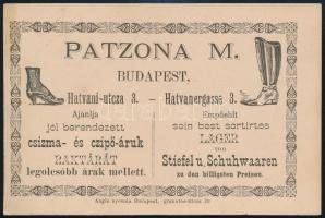 1888 Patzona M. Budapest, Hatvani utcai csizma- és cipőáruk kereskedésének reklámkartonja, hátoldalon kézzel írt számlával, saját kezű aláírásával