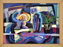 Paróczi Ágnes (1937-): Csendélet, 1970 körül. Olaj, farost, jelezve jobbra lent, hátoldalán Képcsarnok Vállalat címkéjével, üvegezett keretben, 60×80 cm / oil on fibre board, signed lower right, framed