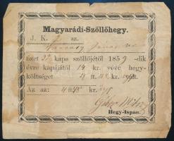 1895 Magyarárdi-szőlőhegy hegyköltségi díjának számlája, (Aradhoz közel), hegyispán aláírásával, foltos, hajtott, kis szakadással, 9x11 cm