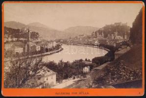 cca 1900 Salzburg, látkép a Salzach folyóval, keményhátú fotó Würthle & Spinnhirn műterméből, 15,5x10,5 cm / Salzburg von Mülln, vintage photo
