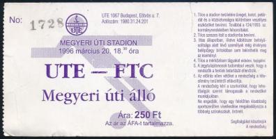 1996 UTE - FTC derbi jegye, Megyeri úti stadion, 199. márc. 20., álló jegy, No.: 1728.