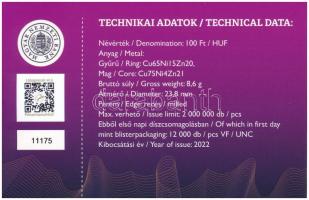 2022. 100Ft "Magyar Pénzmúzeum és Látogatóközpont" első napi veret sorszámozott emléklapon...